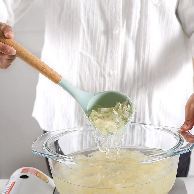Juego de Utensilios de Silicona para la Cocina, Instrumentos para Cocinar, Espátula y Pala Antiadherente, Accesorio con Mango de Madera, con Recipiente de Almacenamiento