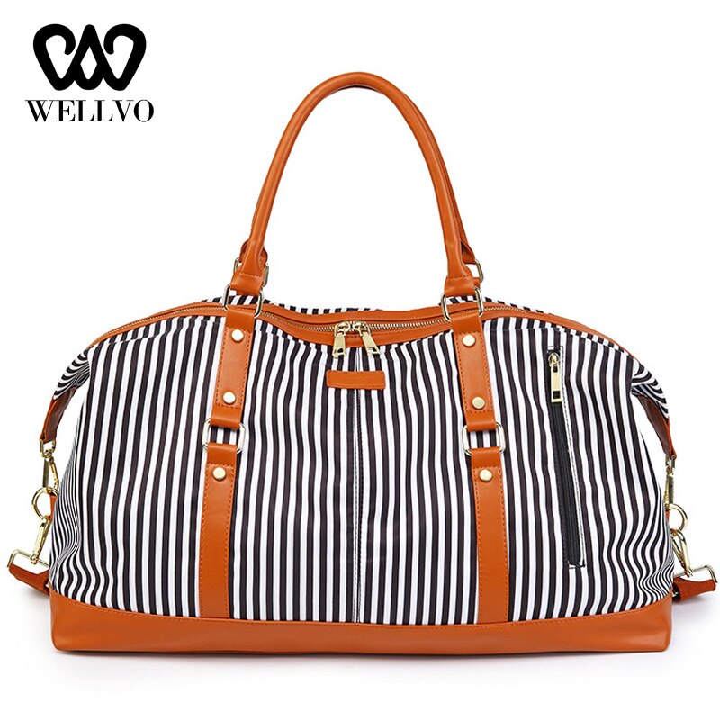 Bolso de viaje de retales a rayas para mujer, bolsa grande de viaje, fin de semana, para Fitness, XA731WB