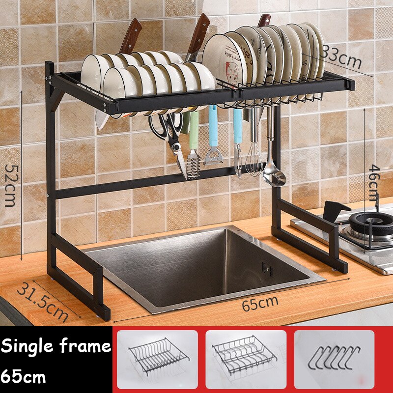 65/85cm opvaskestativ i rustfrit stål køkkenopbevaring tørrehylde bakke over vask redskabsholder afløb køkken arrangør: Enkelt ramme 65cm