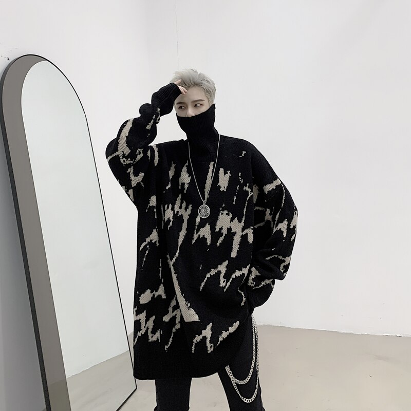 Suéter de punto de cuello alto holgado para hombre, ropa de calle de otoño e invierno, suéter informal grueso y cálido de estilo Hip Hop