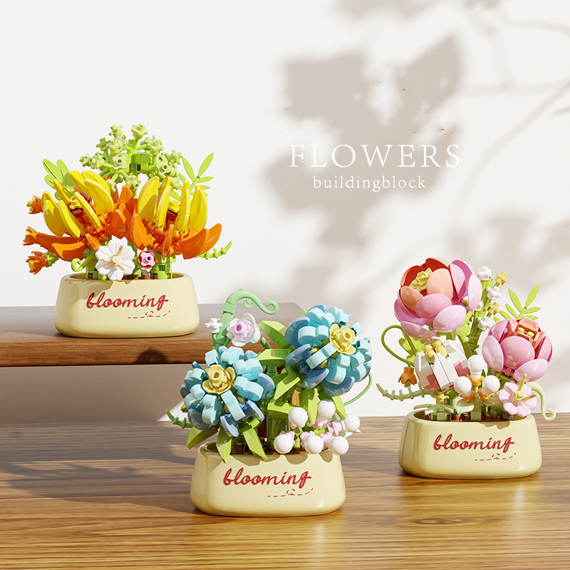 Romantic floral building blocks flower potted roses and sunflowers assembled DIY flower potted toys girls' Valentine's Day