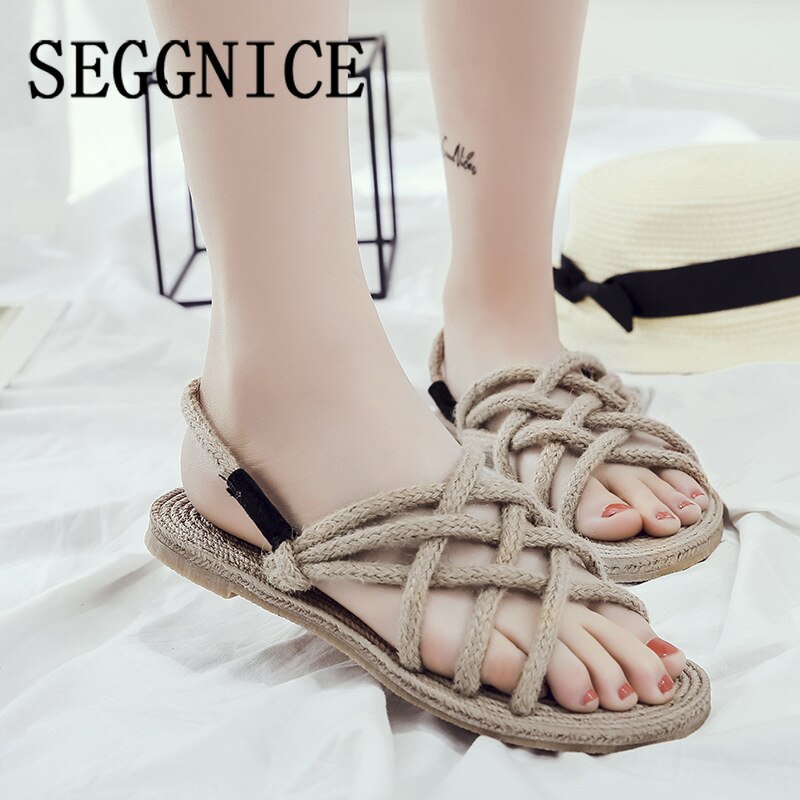 Reb sandaler kvinder sommer rom stil lejligheder sko hamp dame strand sko sandalias de mujer verano peep toe