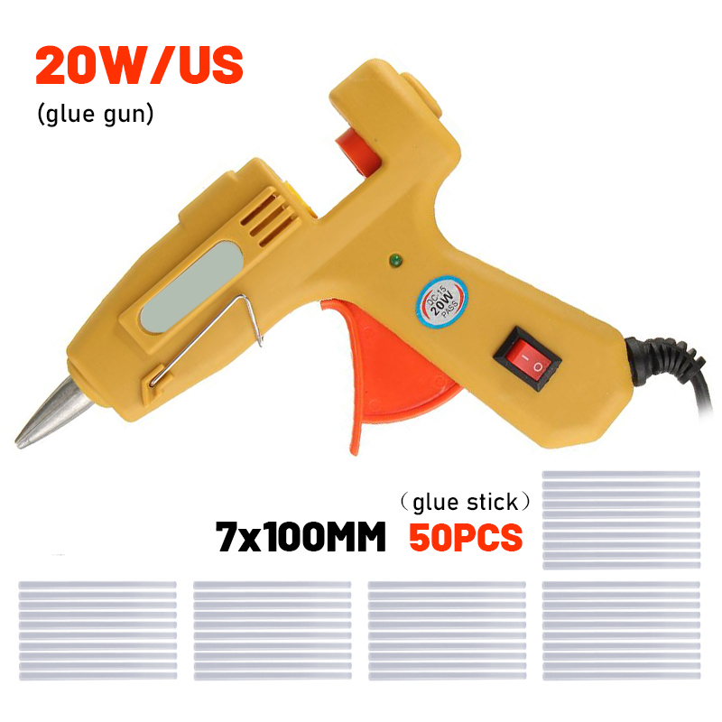 20W Electric Melt Glue Gun Multifunctional Home Mini Glue Gun Electric Heat Temperature Switch Tool with 7x100mm Glue Stick: Yellow with 50Pcs