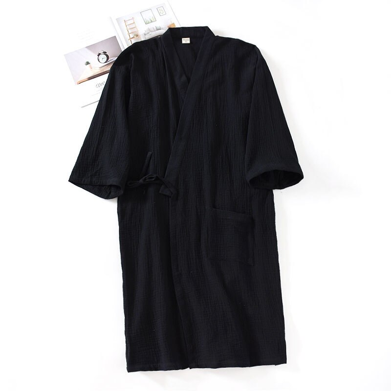 100% Cotton Bathrobe Japanese-Style Kimono Men'S Nightgown Gauze Robe Loose Plus Size Yukata Sweat Steaming Sleepwear Халат: black / XL