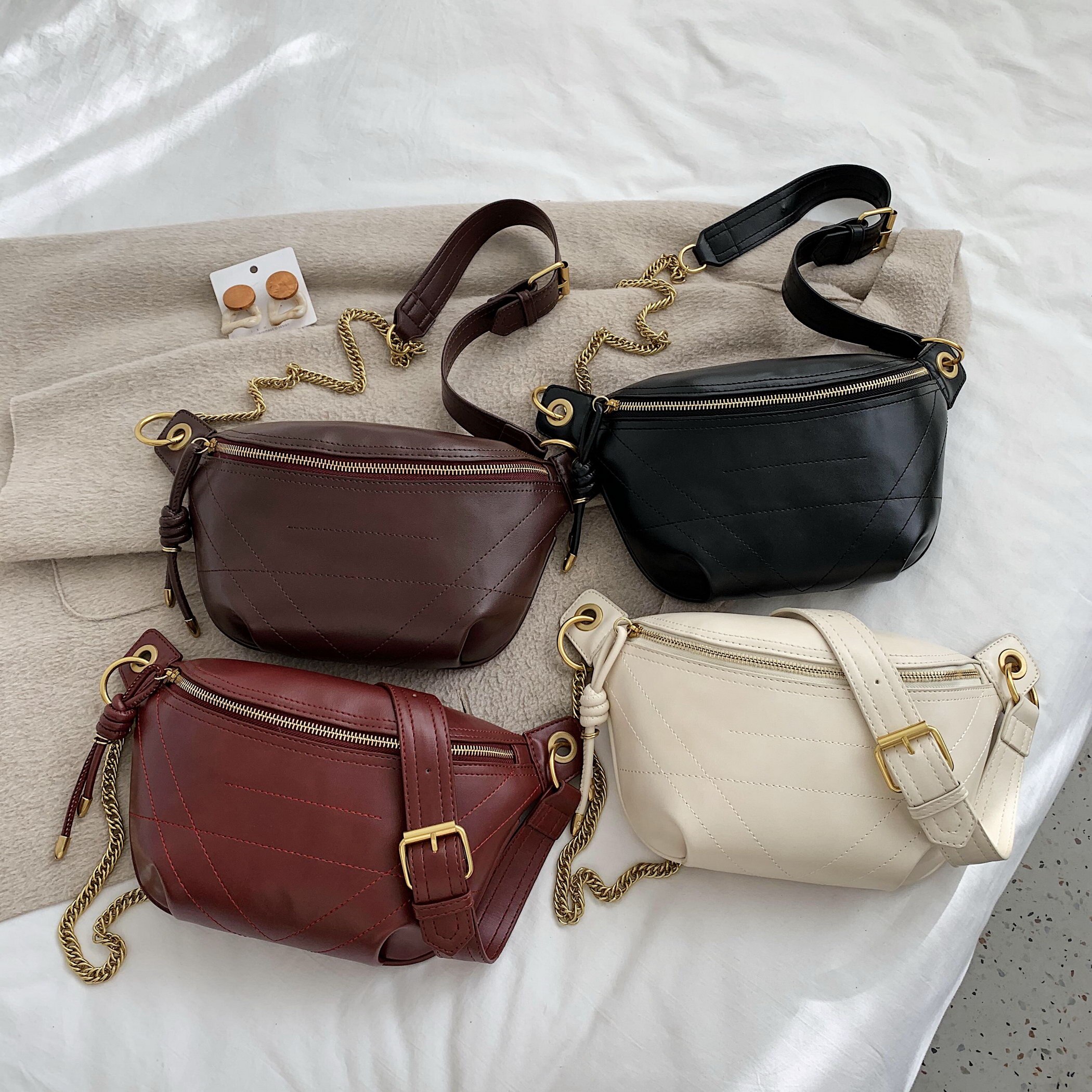 Solid Color PU Leather Crossbody Bags For Women Quality Chain Shoulder Messenger Bag Lady Travel Handbags Waist Packs