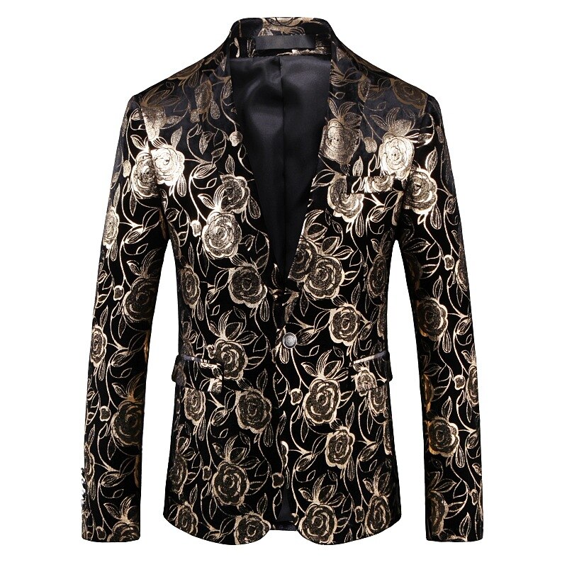 Shenrun Männer Blazer Slim Fit Casual Jacke Gold Print Bühnen Kostüm Sänger Host Musiker Tänzerin Party Bankett Nachtclub: M