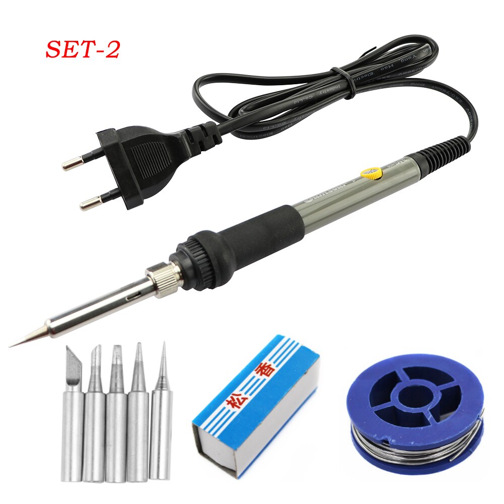 60W Mini Gray Electric Soldering Iron With Adjustable Temperature 220V/110V Soldering Rework Station Soldering Iron Accessories: 220V EU Plug / SET-2