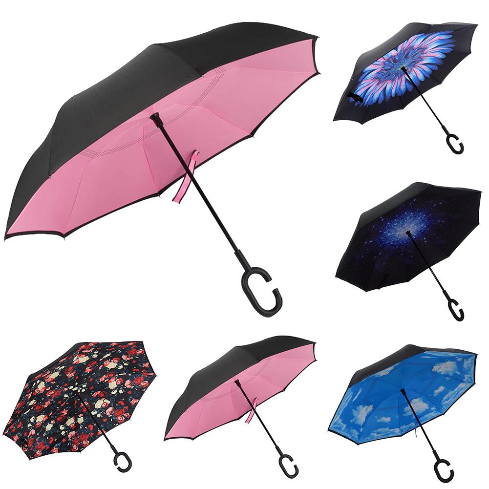 Lady Double Layer Anti-UV Windproof C-Shaped Handle Reverse Folding Umbrella Man Women Sun Rain Car Inverted Upstanding Umbrella