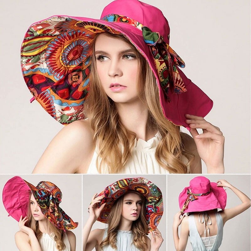 Kvinner blomst folding brimmed hatt sol uv beskyttelse utendørs sommer strand buehatt sek 88