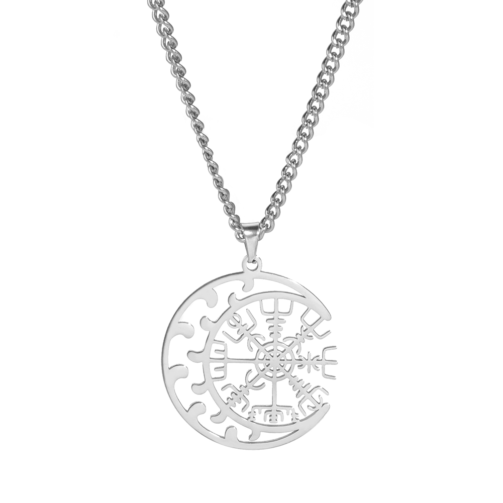 Collares de brújula vikinga de acero inoxidable para hombres, amuleto de runas nórdicas, colgante de Vegvisir, joyería de Luna Supernatural: Color acero