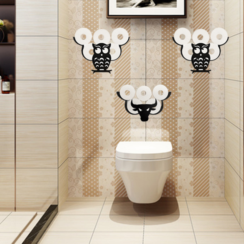 Soporte de papel higiénico decorativo de búho para baño, estante de almacenamiento de pañuelos montado en la pared, color negro