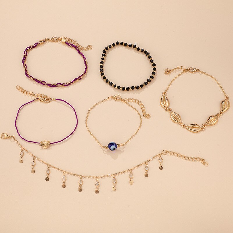 Docona 6 Stks/set Boho Shell Kristal Enkelbanden Set Voor Vrouwen Geometrische Blue Eye Handwerk Verstelbare Touw Voet Ketting Sieraden 8730