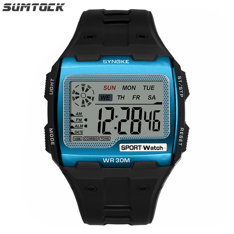 Synoke Groot Scherm Elektronische Horloge Voor Mannen 30M Waterdicht Wekker Chronograaf Nachtlampje 12/24 Uur Horloges: Lake Blue Watch