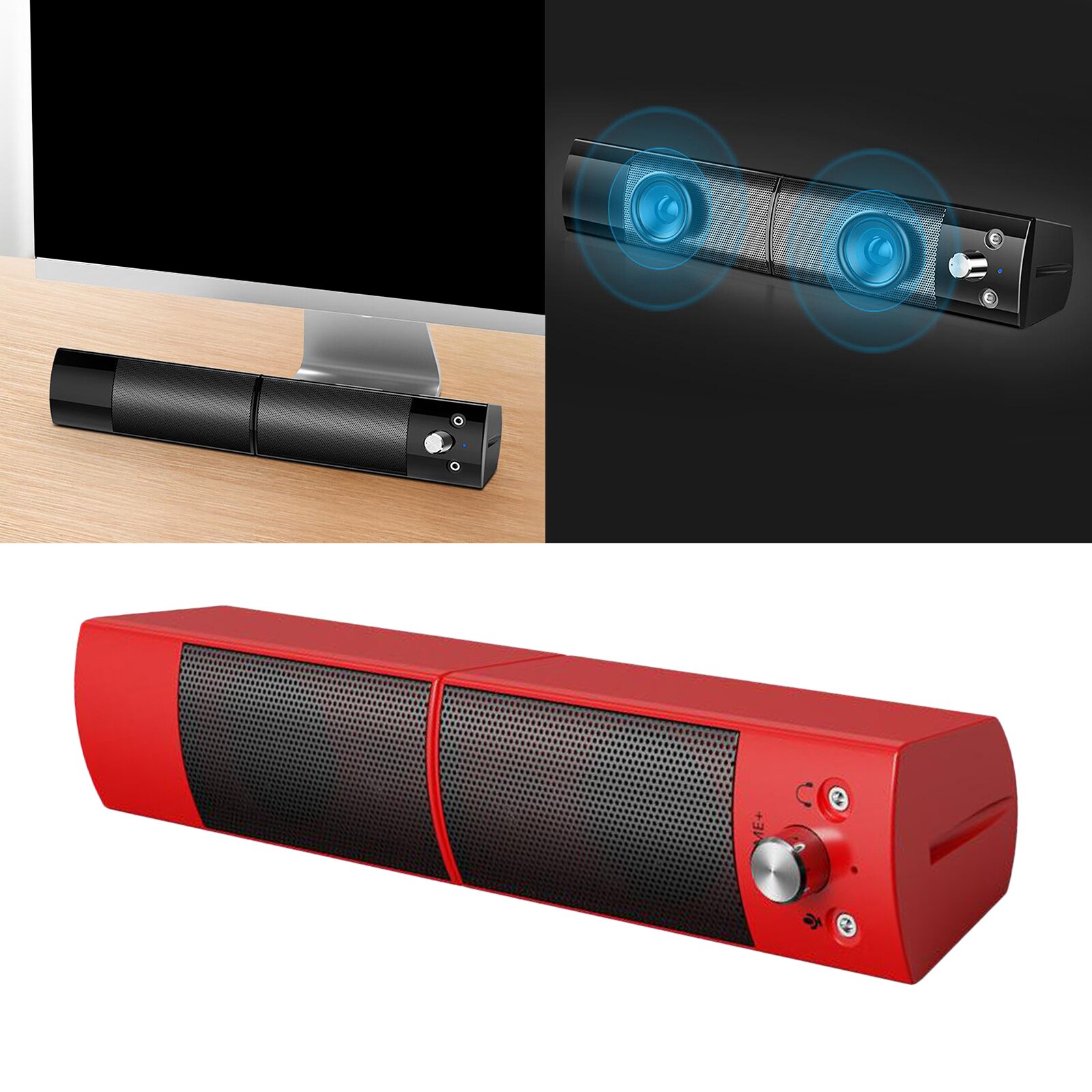 Computer Speakers Detachable Bluetooth Speaker Bar Surround Sound Subwoofer For Computer PC Laptop USB Wired Dual Music Player: Red