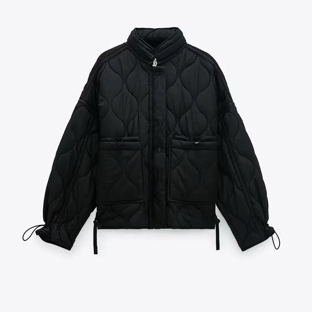 DiYiG-Chaqueta corta acolchada de algodón para mujer, chaqueta con cordón de , con cuello levantado, ligera, acolchada: Black / XS