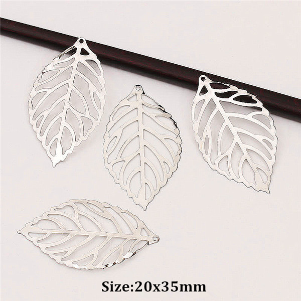 50pcs Craft Hollow Leaves Pendant Jewelry Accessories Gold Charm Filigree Jewelry Making Plated Vintage for Hair Comb: 20x35mm Rhodium