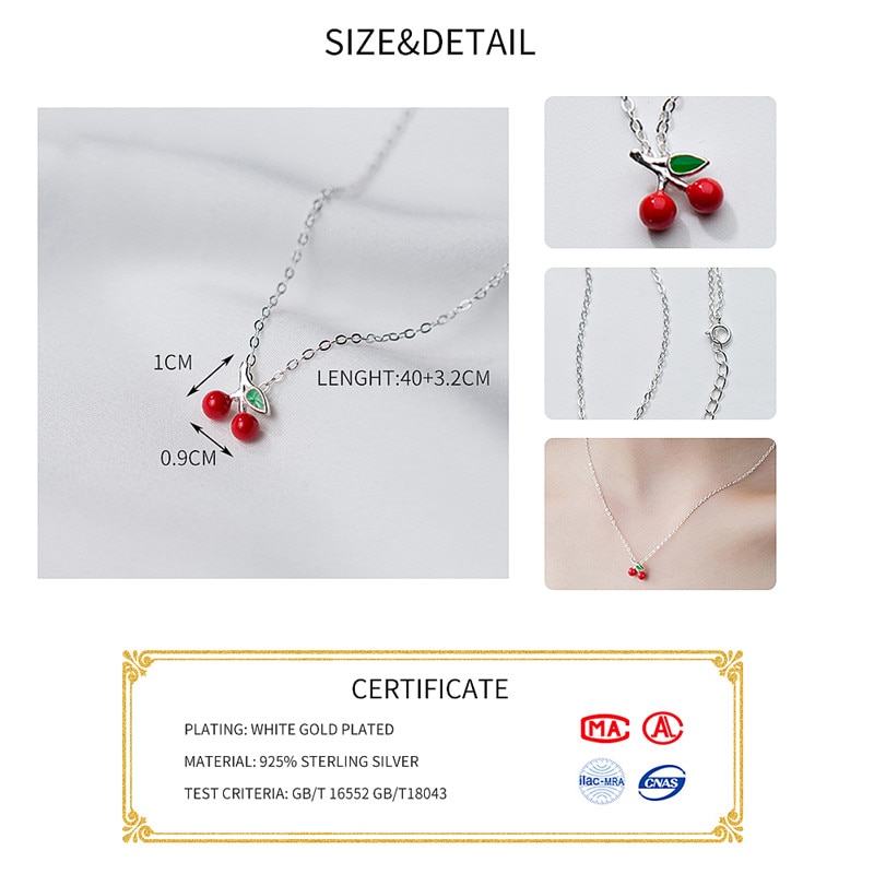 Real 925 Sterling Silver Red Enamel Cherry Choker Pendant Necklace Fine Jewelry For Women Personality Accessories