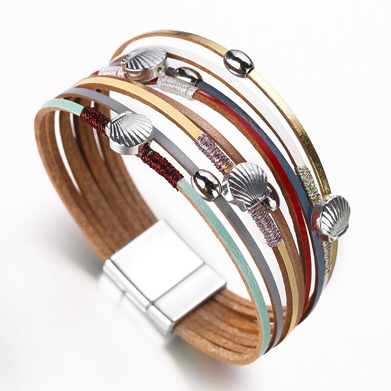 Amorcome boêmio concha de metal charme colorido pulseira de couro para mulheres moda boho multicamadas ampla wrap pulseira 2020 jóias: Colorful