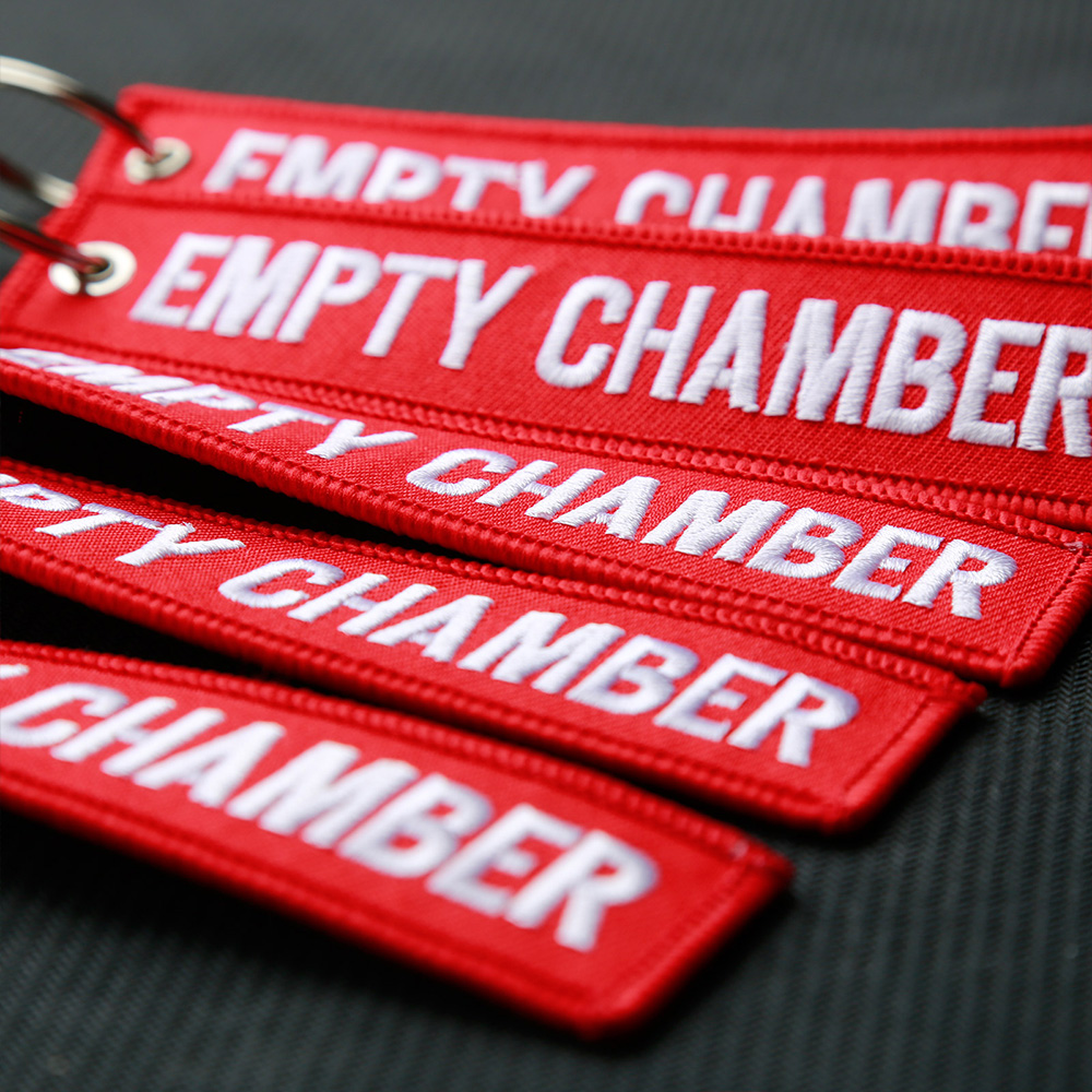 6 Pack Red Empty Chamber Keychain Double Sided Letter Embroidered Key Fobs Hook and Loop Key Chain Aviation Tag
