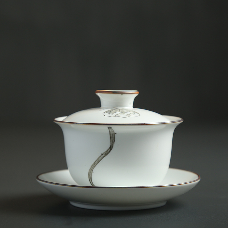 Håndmalet lotus keramik porcelæn gaiwan kinesisk kung fu te sæt testel terrin sancai te kop pu'er kedel
