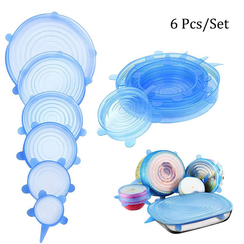 6 stuks herbruikbare siliconen rekdeksels universele deksel siliconen voedselfolie kom pot deksel dop siliconen deksel pan lip keukenaccessoires