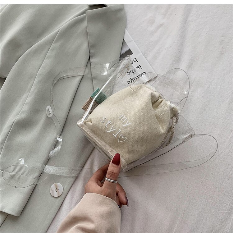 Unik gjennomsiktig bøtteveske og 2 i 1 skulderveske crossbody bag bredde 12cm høyde 14cm tykkelse 8cm: Beige
