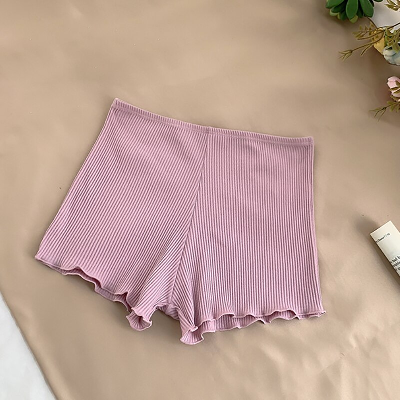 Pearl Diary Women Rib Safety Pant Under Skirts Femme Soft Undies Stretch Waist Lettuce Hem Casual Anti Exposure Bottoms Short: PINK