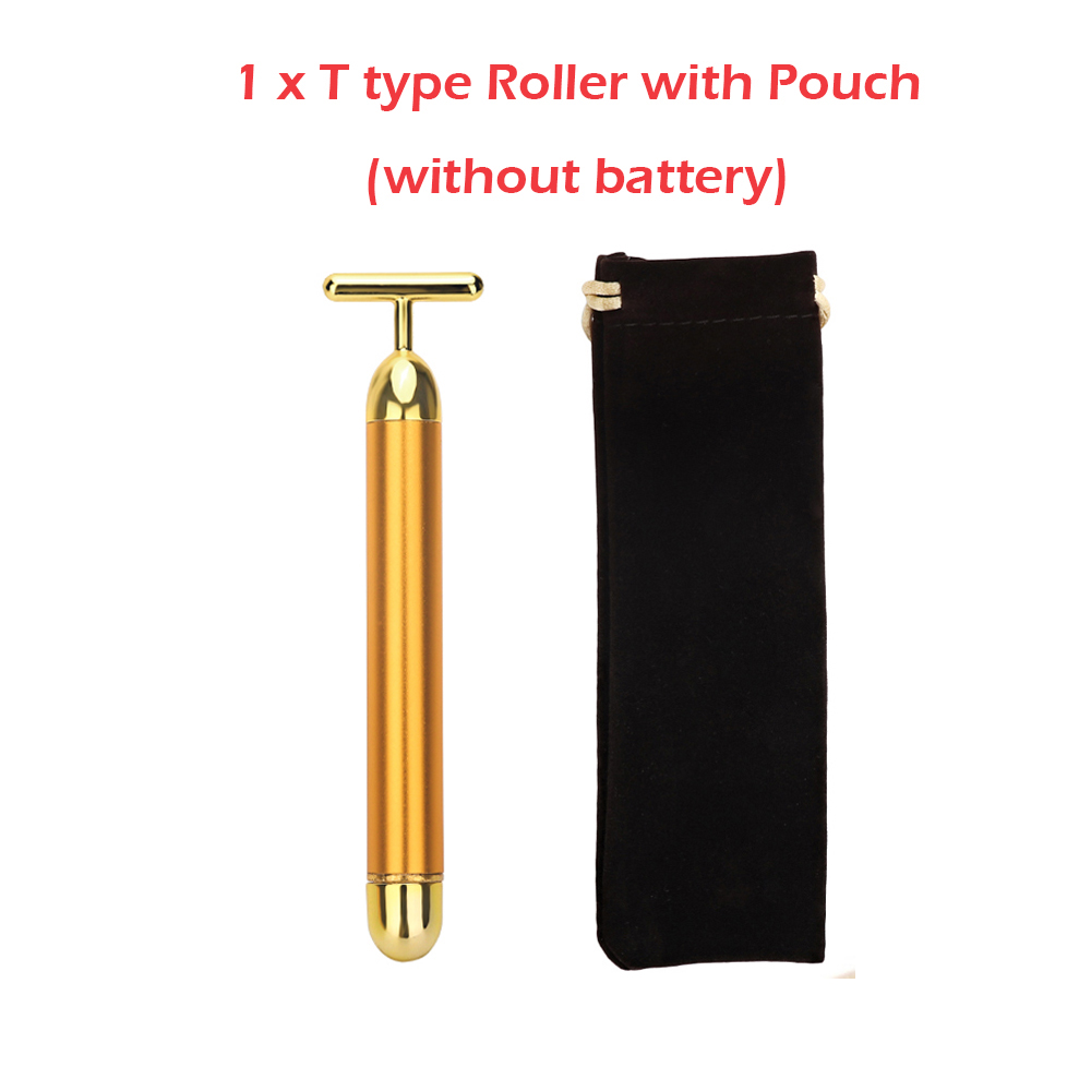 24k Golden Facial Roller Massager T Shape Vibrating Face Lifting Energy Beauty Bar Body Skin Massage Device Face Care Tools: T gold with bag