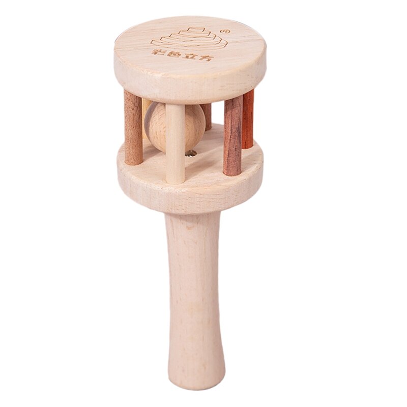 Infant Beech Solid Wood Stroller Toy Early Childhood Education Trolley Hand Rattle Early Education Wooden Comfort Toy: Wood Color