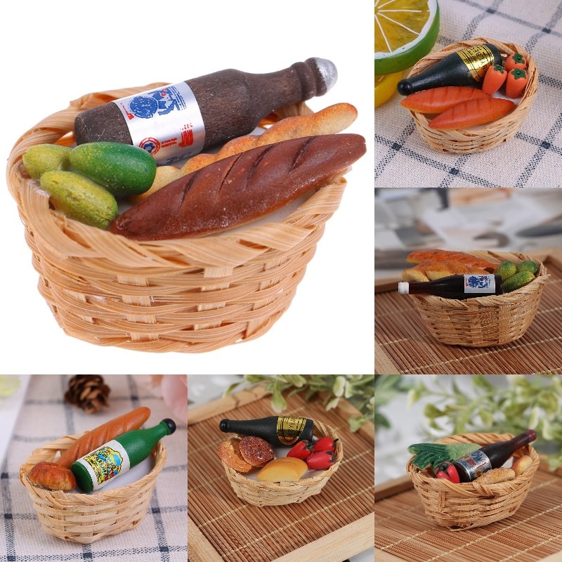 1Set 1:12 Puppenhaus Miniatur Lebensmittel Wein Flasche Brot Gemüse, Obst, Lebensmittel Bambus Korb Für Puppe Küche Decor