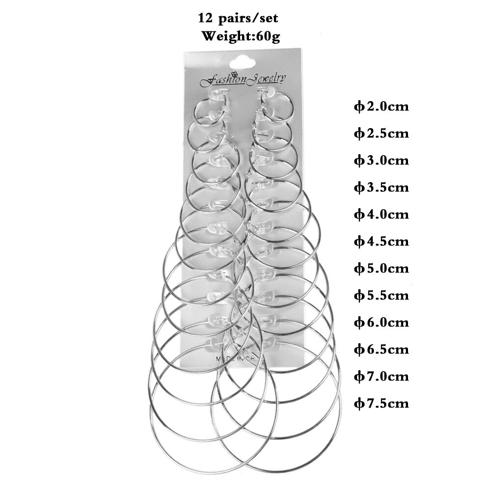 12 Paren/set Oversized Grote Cirkel Hoepel Oorbellen Set Voor Vrouwen Simple Punk Brinco Ronde Oorbellen Partij Sieraden