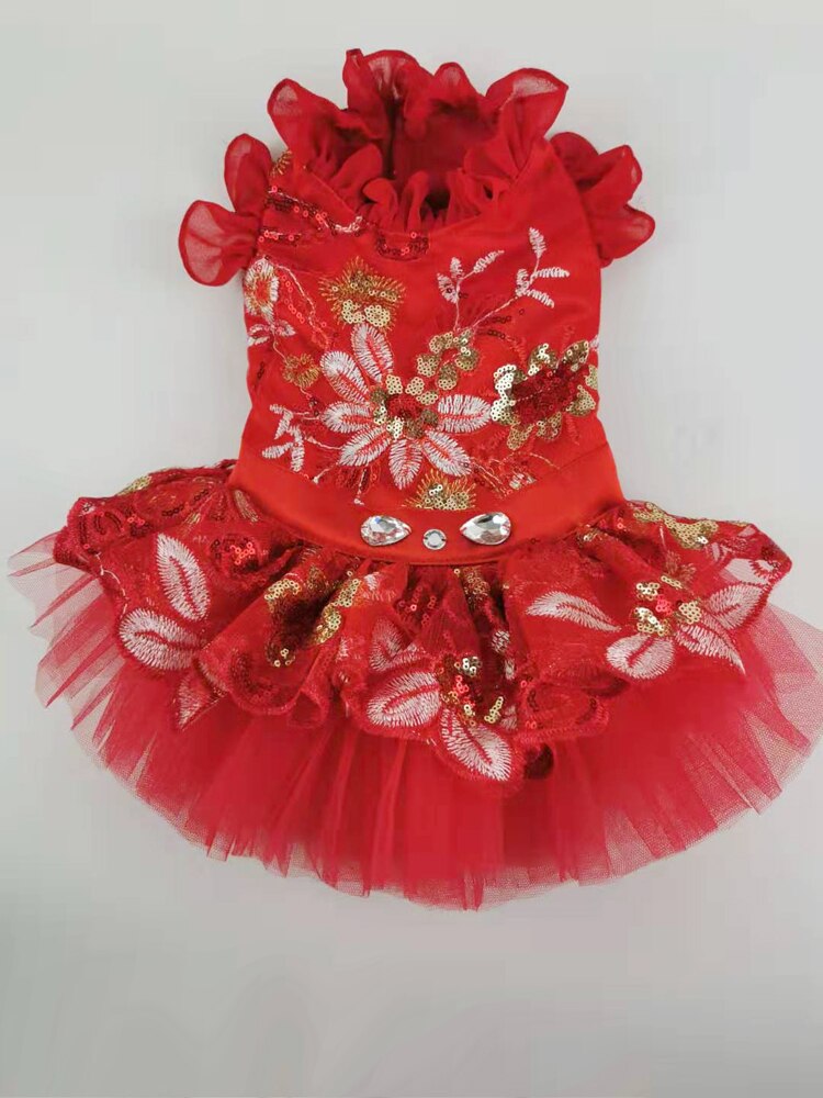 à la main chien vêtements chien robe rouge paillettes brodé fleur robe de mariée pour animaux de compagnie chats caniche Yorkie maltais: M