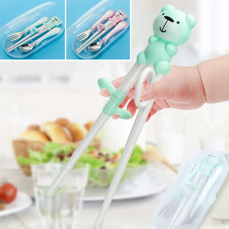 impostato di bacchette per forchetta per cucchiaio per bambini orso dei cartoni animati cucchiaio per alimenti per bambini impostato di posate per bambini in acciaio inossidabile