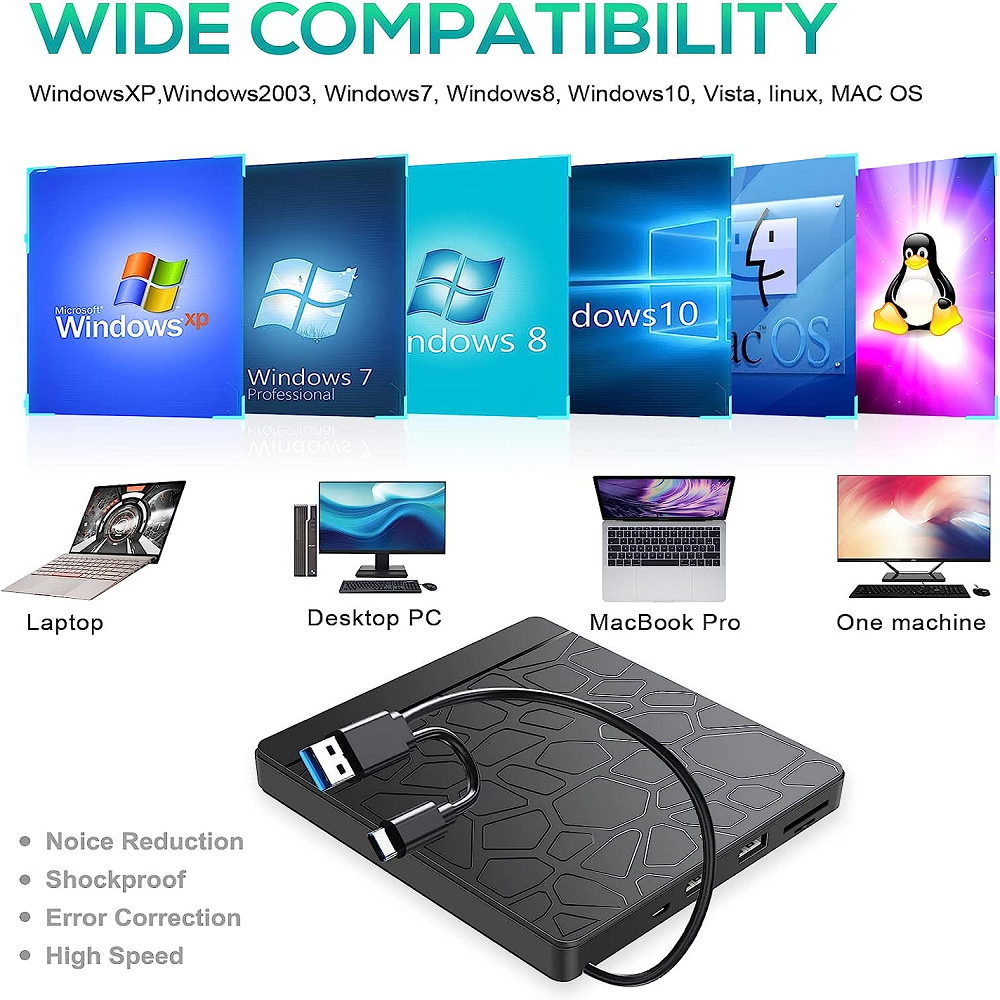 Hub usb externo multifuncional com unidade óptica, gravador de dvd, gravador de cd-r e leitor de cartões para computador, compatível com discos micro sd e tf.
