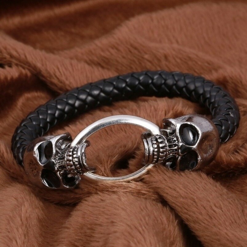 Punk Black Braided Leather Bracelet Stainless Steel Skull Magnetic Clasp Bracelet Bracelet Men's Birthday Christmas