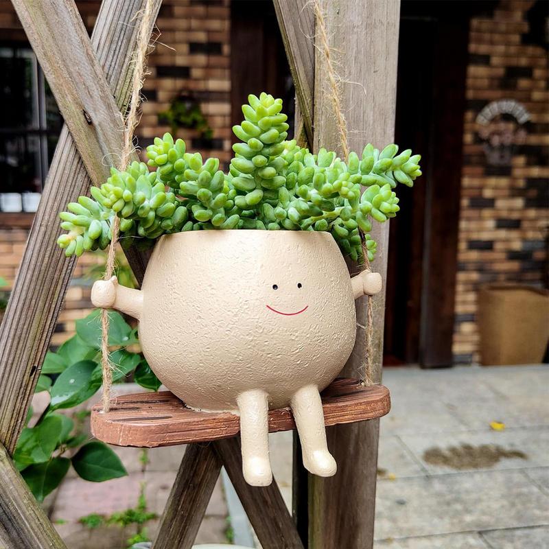 User inière en résine avec visage souriant et ficelle, pot unique, visage oscillant, accessoires de jardin