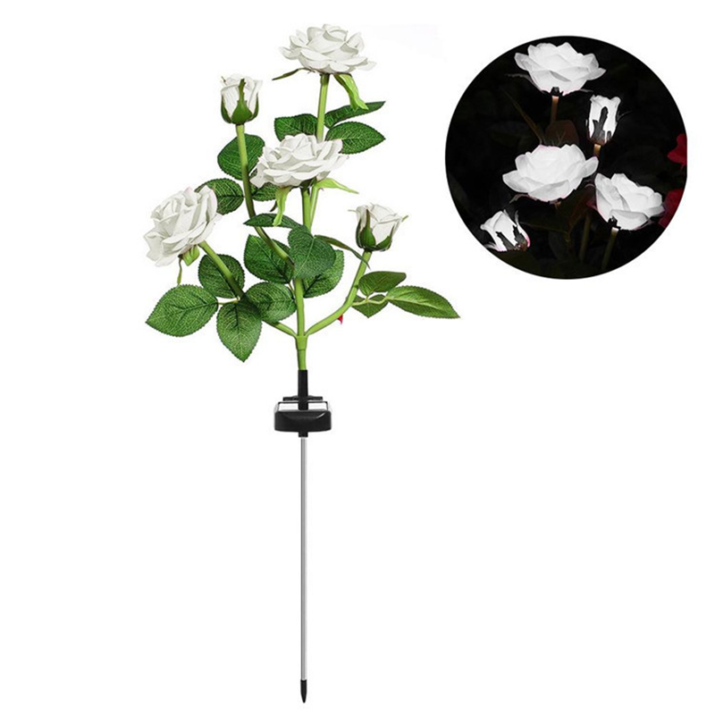 Solcelle Rose Blomsterlampe LED - Vandtæt Have Dekoration Udendørs - Landskab Græsplæne Lampe: Hvid -5 hoved