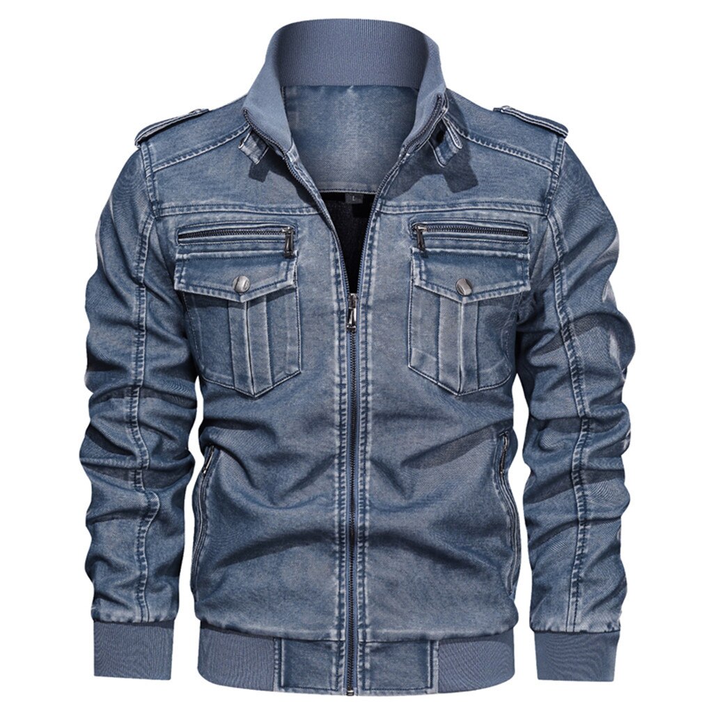 Men's Denim Jacket Big Size Solid Causal Washed leather Jacket With Stand Collar Independent station size Selling