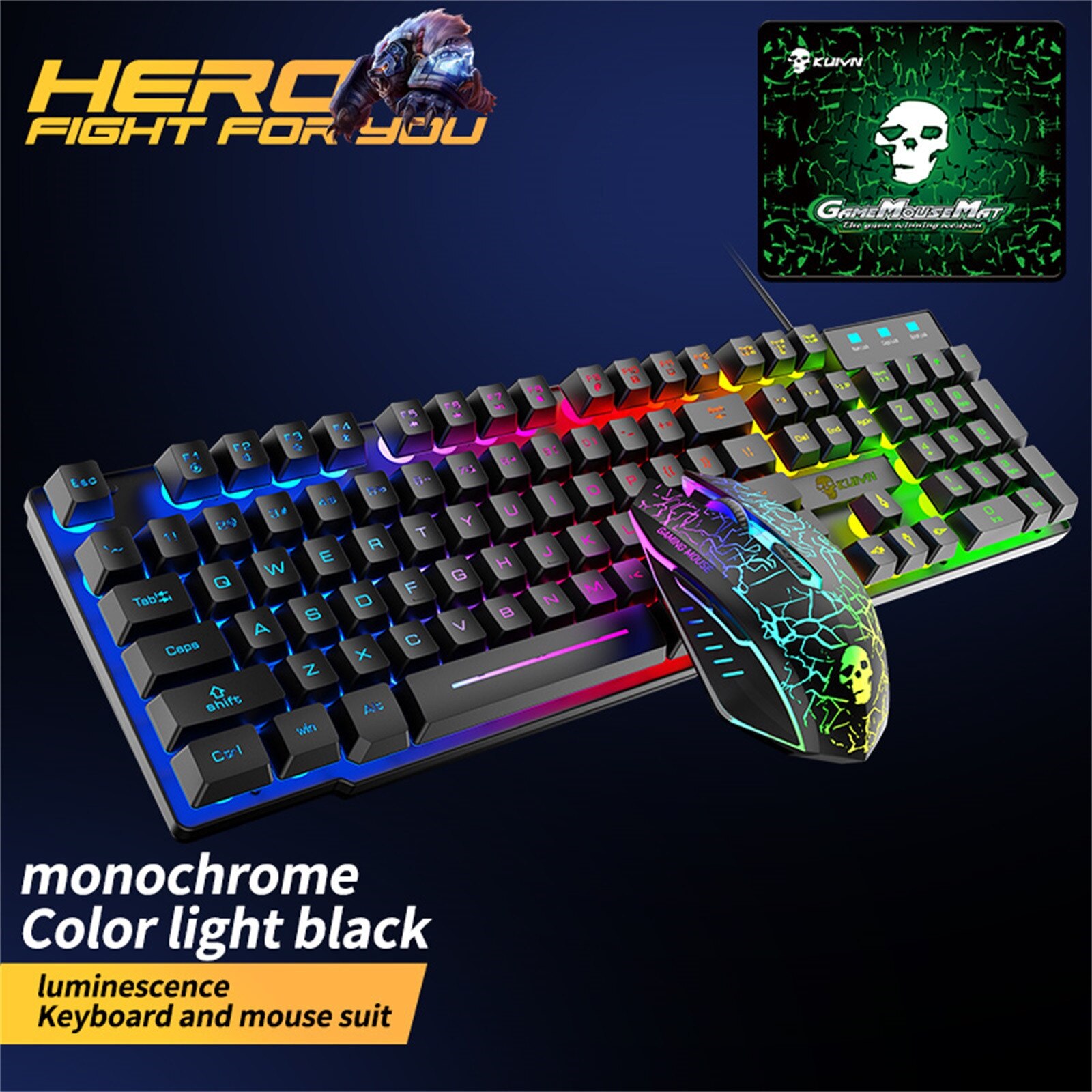 T6 Wired Gaming Keyboards 2400DPI Gaming Mouse Combo with Mouse Pad Rainbow Multi Backlight USB Wired Gaming Mouse Set #BL2