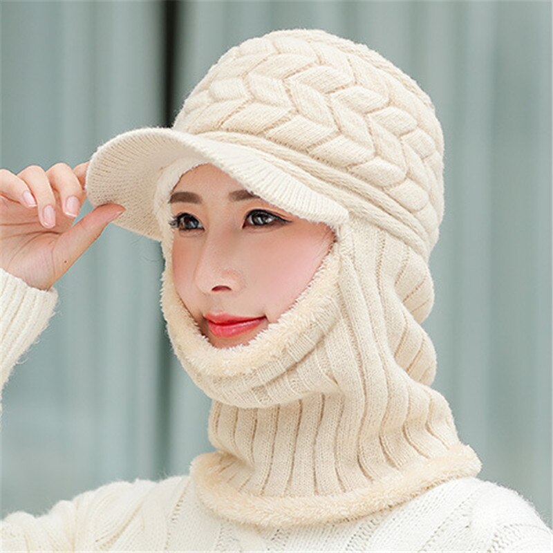 Double-Use Women Warm Knitted Hat Scarf Hooded Collar Elastic Winter All-Match Adult Teen Thick Soft Neck Warmer Female Caps: BEIGE