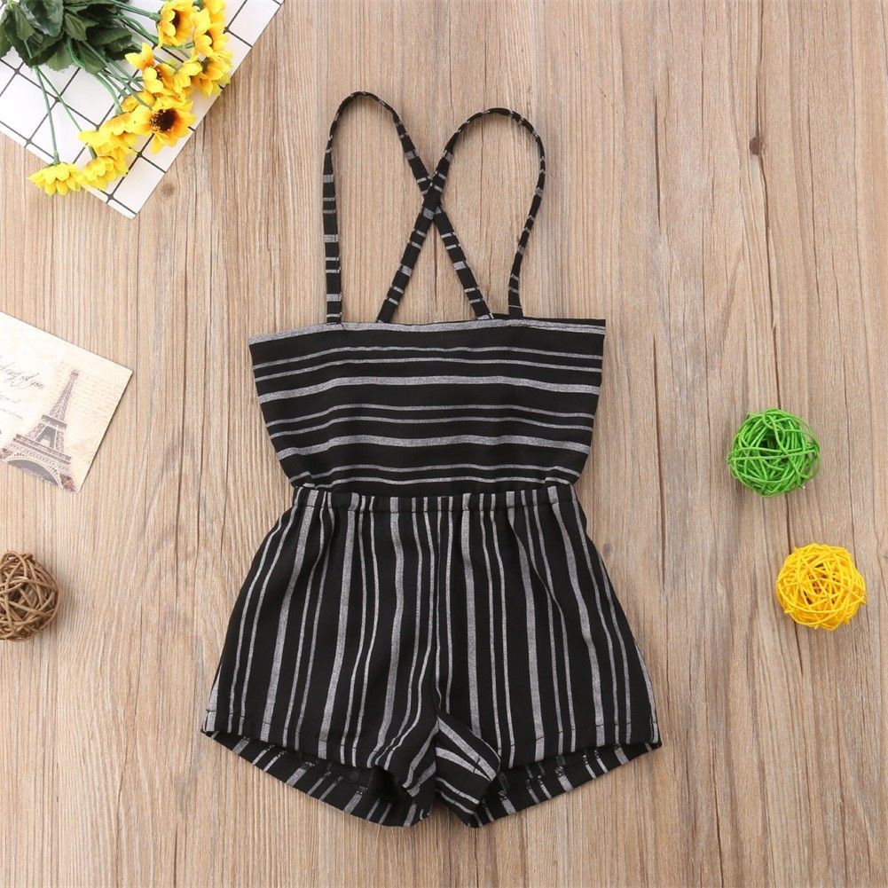 Vêtements pour enfants filles, salopettes à rayures, bretelles sans manches, épaules dénudées, pantalons à bretelles, combinaisons, tenues une pièce, 1-6 ans: Noir / 4t