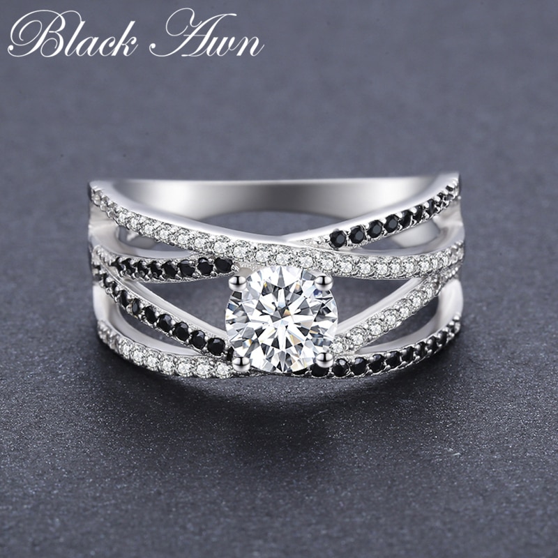 [Noir AWN] 925 bagues en argent Sterling pour les femmes Bague de fiançailles creuse Bijoux Bague Bijoux en argent Sterling C012