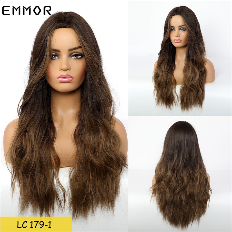 Pelucas largas de pelo sintético ondulado emmor, color castaño oscuro con reflejos rojizos y flequillo, con degradado de alta temperatura para uso diario.: Lc179-1
