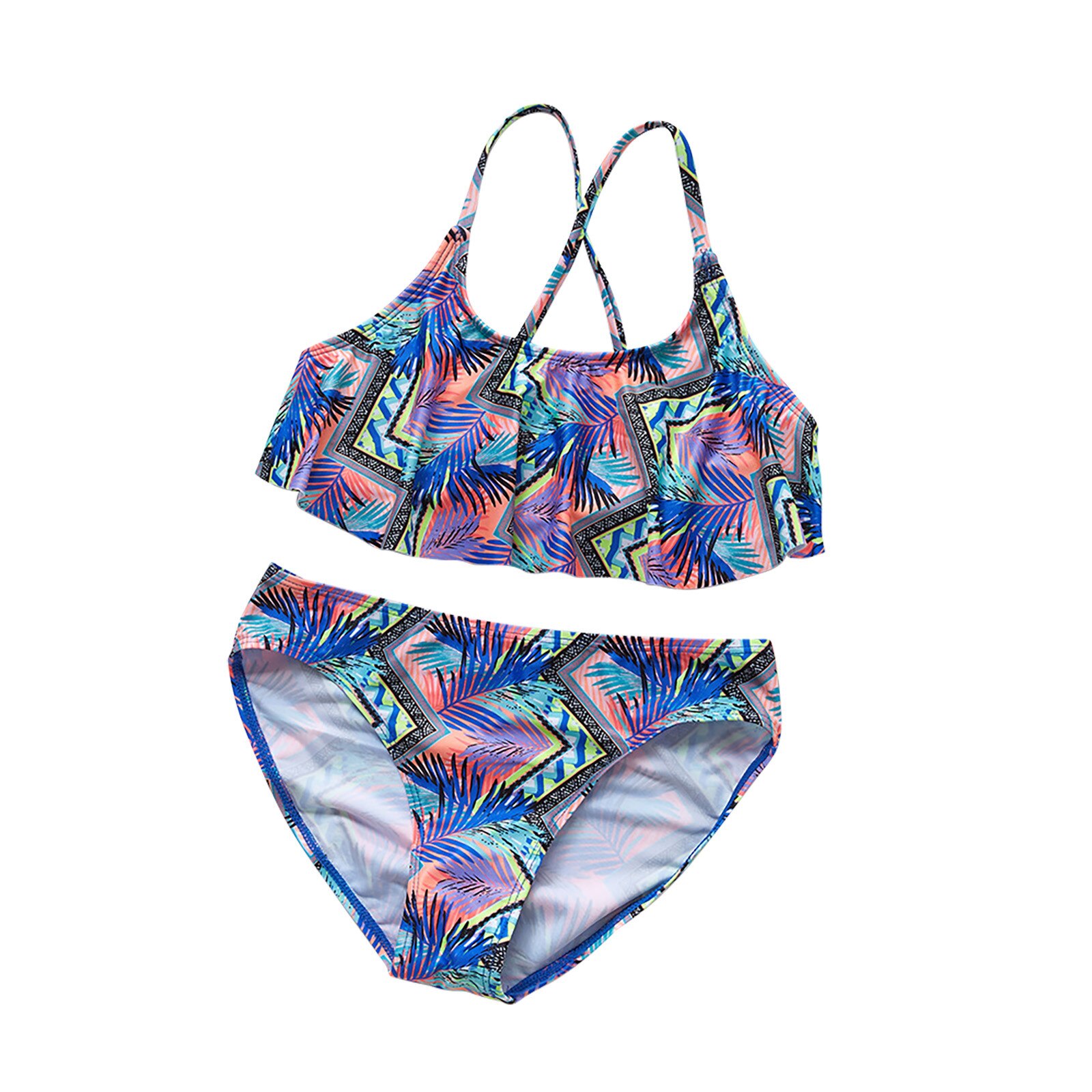 Summer Girls Swimwear Sleeveless Leaf Print Tassel Beach Split Swimsuit Bathing Suit Bikini Set 2pc Set Bimba