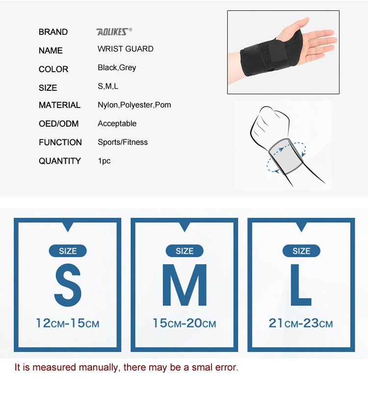 Aolikes elastische duim polsband veer stalen wikkel handpalm pols brace rechter of linker hand ondersteuning corrector bandage
