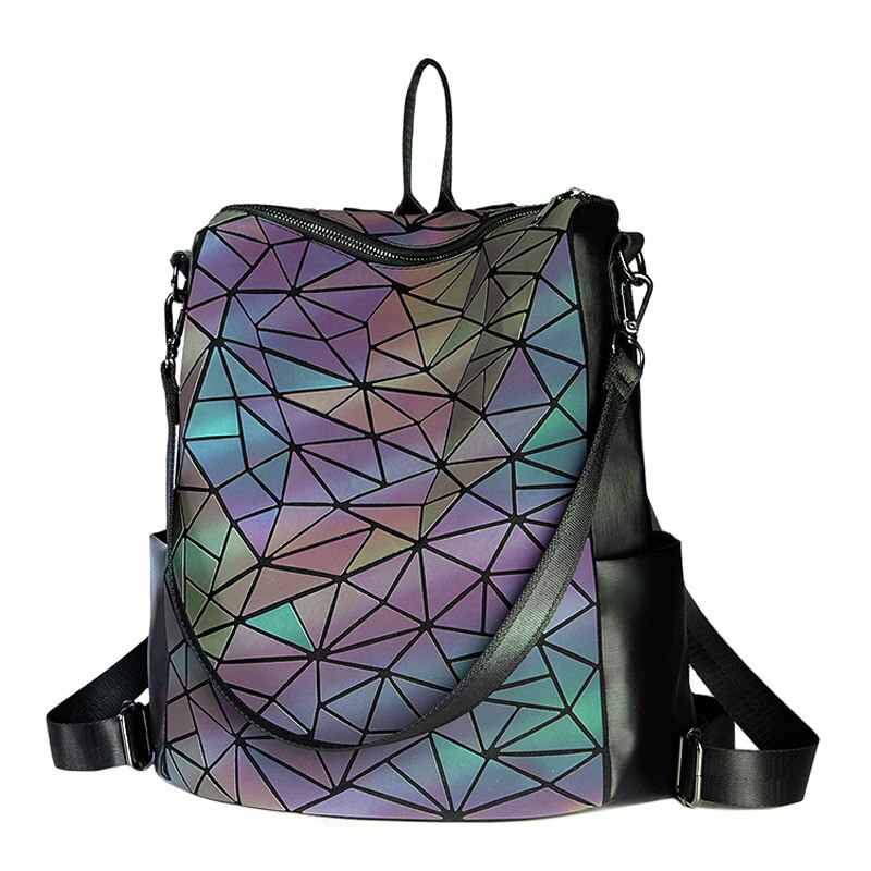 Couple Luminous Folding Set Backpack Chain Bag And Colorful Clutch Bag Rhombus College Style Personality Backpack Women: Luminous backpack C