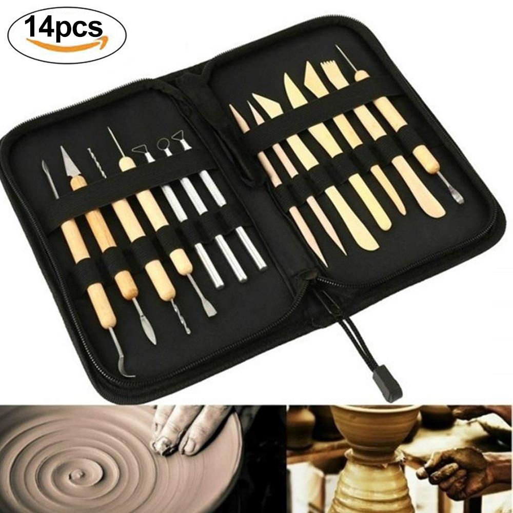 14 Pcs/Pack Pottery Clay Sculpting Wax Carving Pottery Tools Set with Canvas Cases Polymer Ceramic Modeling Kit Art Crafts