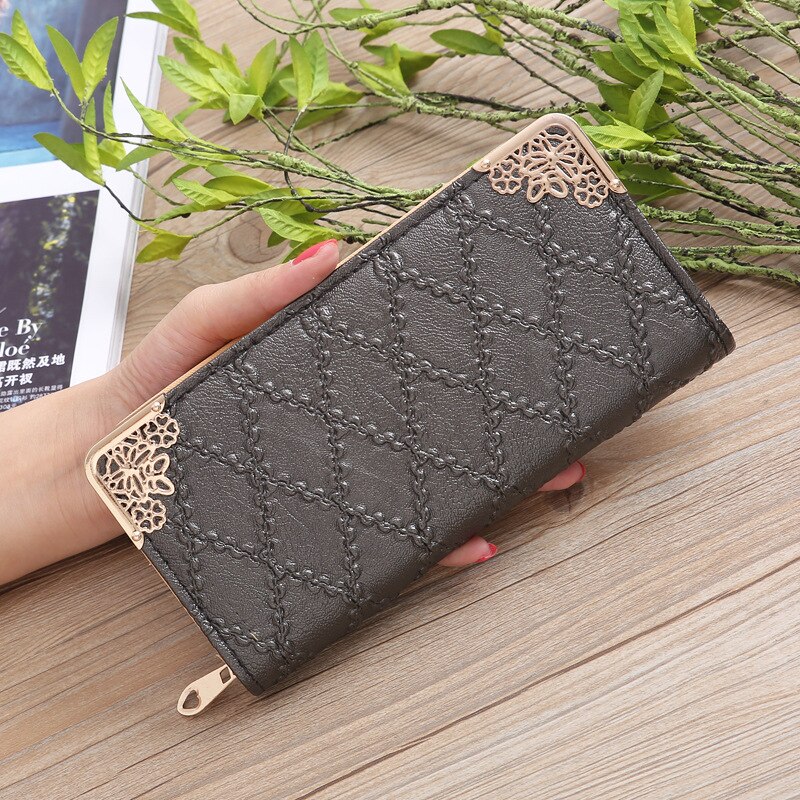 Long Wallet Women Purses Hollow Embossed Lingge Wallet Lady Sweet Clutch Wallet Multi-card Purse Portefeuille: DarkGray