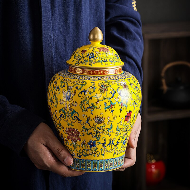 Caddie à fleurs peintes en céramique, Vase à fleurs de grande capacité, pot de rangement scellé avec couvercle, décoration de comptoir de porche