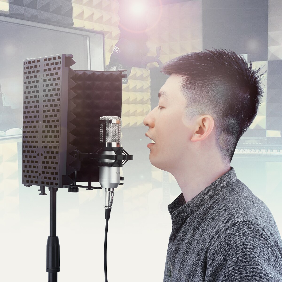 Metal Microphone Isolation Shield 3-Panel Wind Screen Foldable 3/8" and 5/8" Threaded Absorbing Foam for Live Broadcast